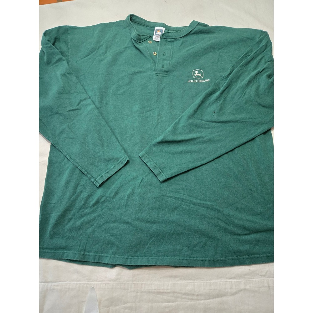 Vintage John Deere Henley Shirt Mens 2XL Green Long Sleeve Cotton Deluxe Logo